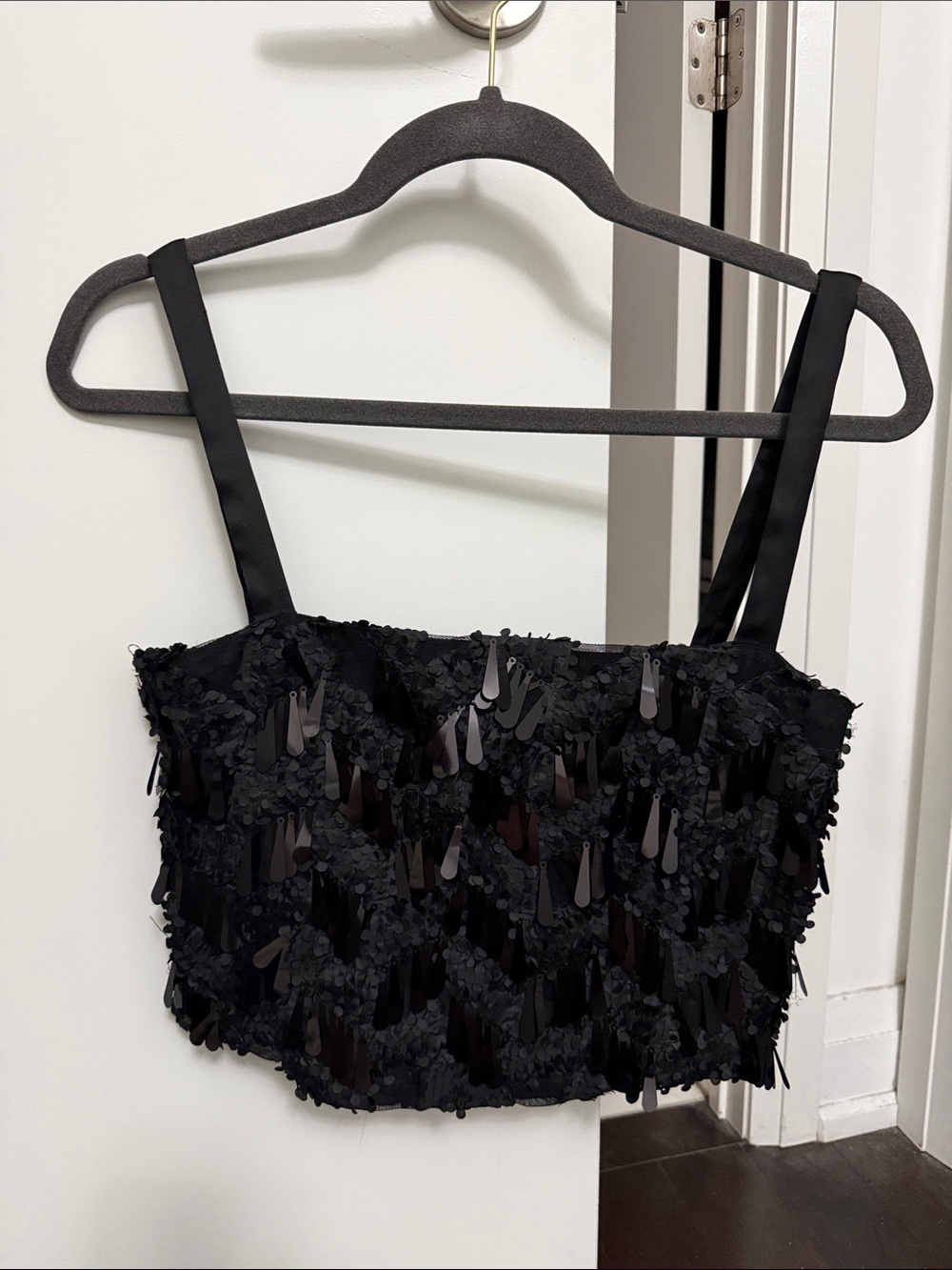 Zara Black Sequin Cropped Tank with Wide Straps
